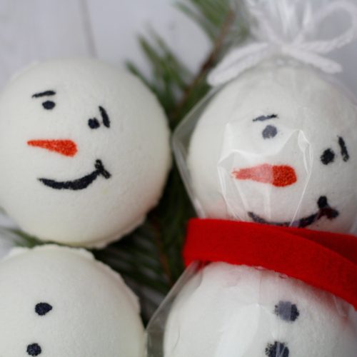 snowman bath bomb with scarf.