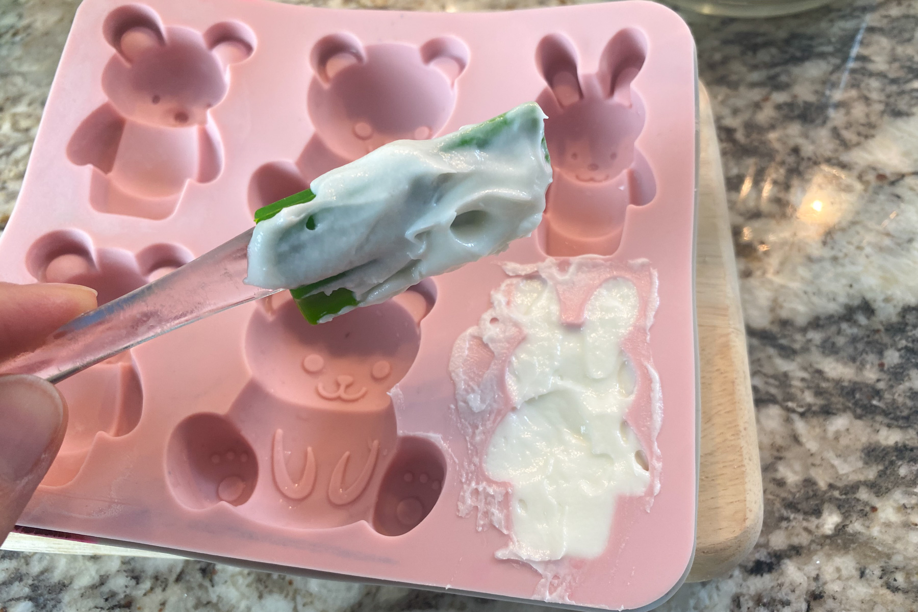 bunny mold filled with lotion mix.