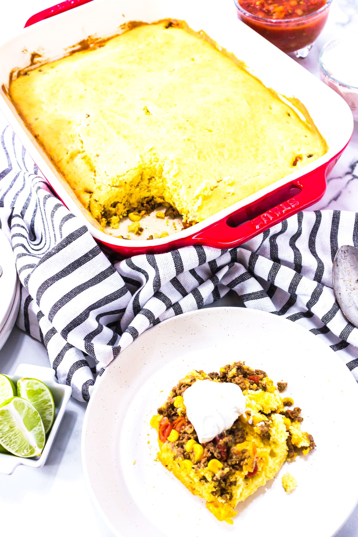 casserole dish with filled plate.